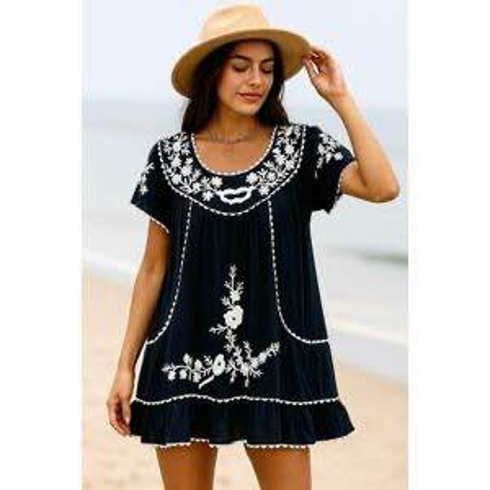 Indian Tropical Fashion One Size 100% Cotton Black White Embroidered Mini Dress
